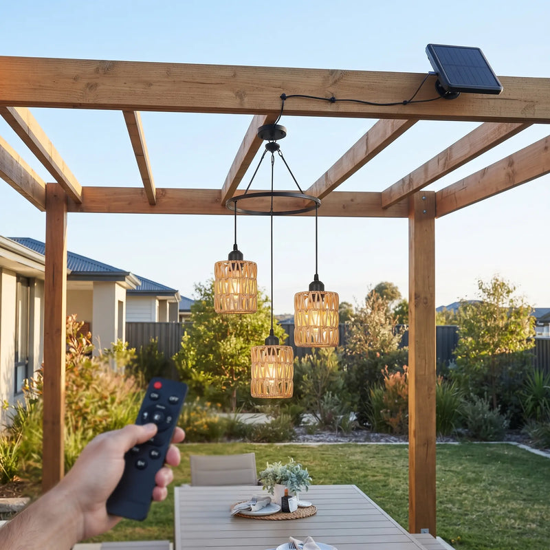 A wooden pergola with three hanging woven pendant lights in an outdoor backyard setting. A hand holds a black remote control in the foreground, and a small solar panel is mounted on the top beam.
