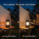 Two lantern modes compared: Retro Flame flickers beside tent; Warm Light illuminates woman reading nearby — both IPX4 rated.
