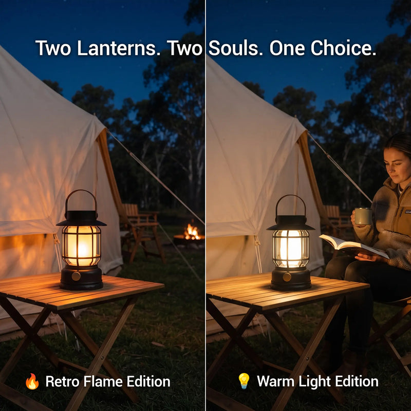 Two lantern modes compared: Retro Flame flickers beside tent; Warm Light illuminates woman reading nearby — both IPX4 rated.