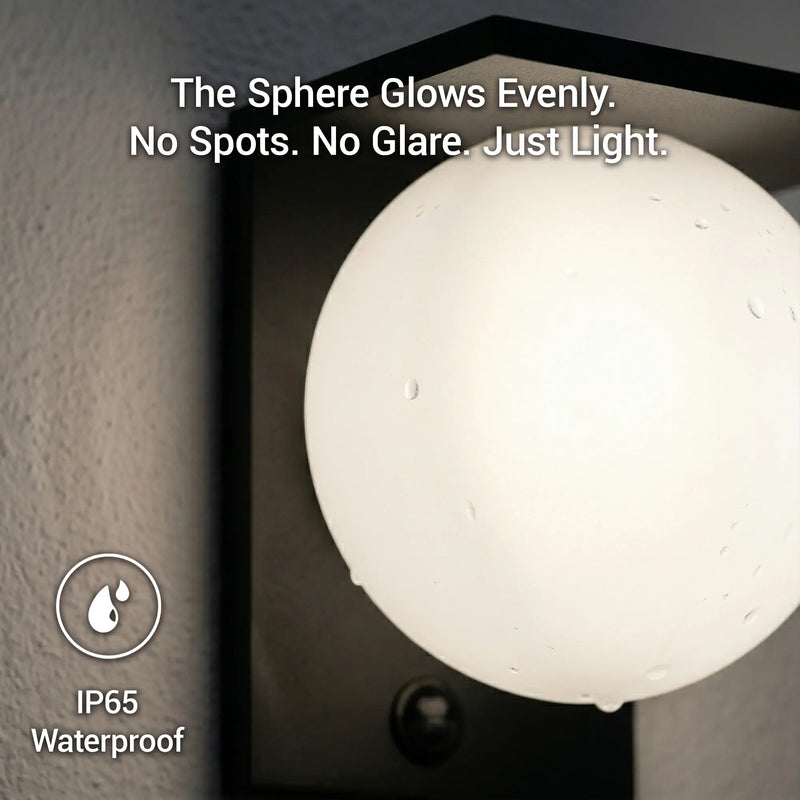 Close-up of Lumora Solar PT0720 frosted globe wall light with water droplets on surface, mounted on matte black bracket against rendered wall, text overlay: The Sphere Glows Evenly. No Spots. No Glare. Just Light. IP65 Waterproof icon