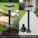 Solar garden light being installed in a lawn with additional views of its spike and screw mount options.
