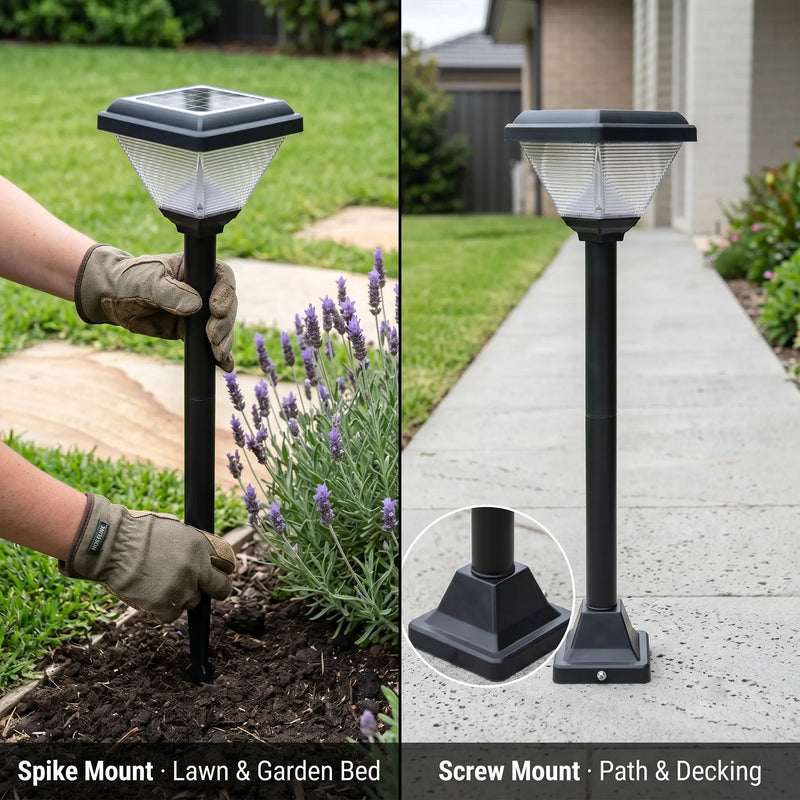 Solar garden light being installed in a lawn with additional views of its spike and screw mount options.