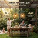 Family dining under PT0914 lanterns in garden, with text overlay: “Steady On – Constant Warmth” and “Breathing Mode – Gentle Pulse” — demonstrates dual lighting modes for mood and function.