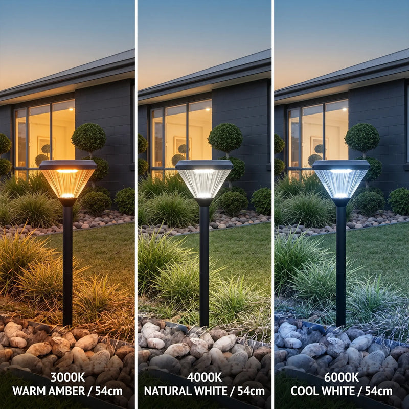 Three Ulyx PT0300 solar lights show 3000K amber, 4000K white, 6000K cool tones against dark house facade.