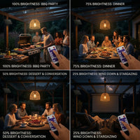 Four-panel comparison showing PT0913 at 100%, 75%, 50%, and 25% brightness levels during BBQ, dinner, dessert, and stargazing — demonstrates versatile mood lighting controlled via remote.