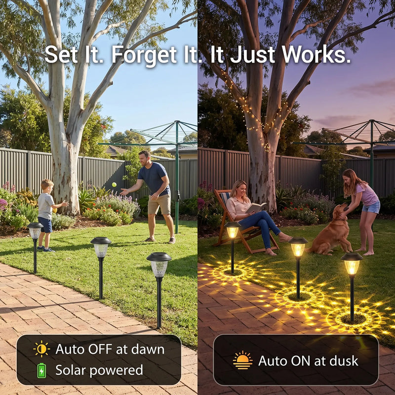 Set-and-forget solar garden lights: auto-on at dusk, auto-off at dawn, powered by sunlight — ideal for families enjoying evenings outdoors.