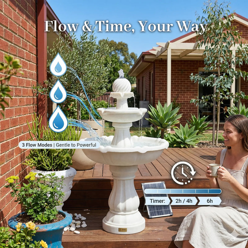 OUTWAY F001 ivory white two-tier solar fountain on a brick home deck with three adjustable flow mode icons showing gentle to powerful water flow and timer settings of 2 hours 4 hours and 6 hours with text overlay Flow and Time Your Way