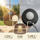  Infographic illustrating dual charging capability of the solar rattan pendant: solar charging in 5-6 hours under sunlight, USB-C charging in 3-4 hours, with 8-10 hours runtime and replaceable solar panel and battery.