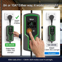Electric vehicle charging station with 8A and 10A modes, showing a hand pressing a button.