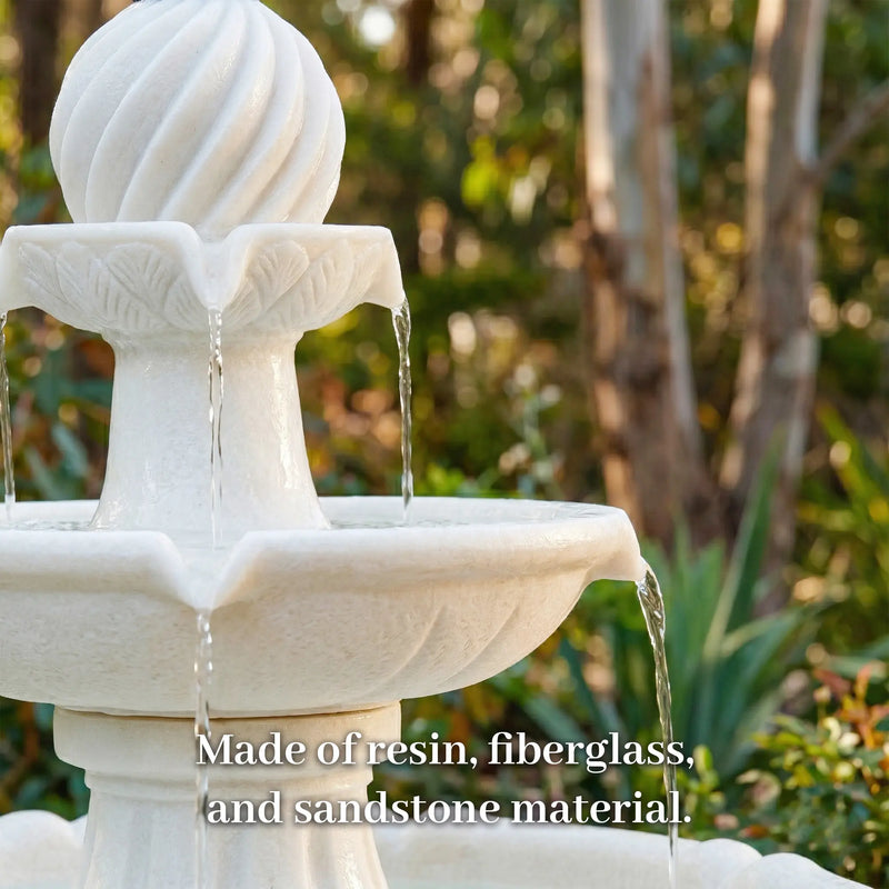 Close-up of OUTWAY solar garden fountain upper tier showing water cascading from swirl ball topper through leaf-detail spouts made of resin fiberglass and sandstone material with text overlay