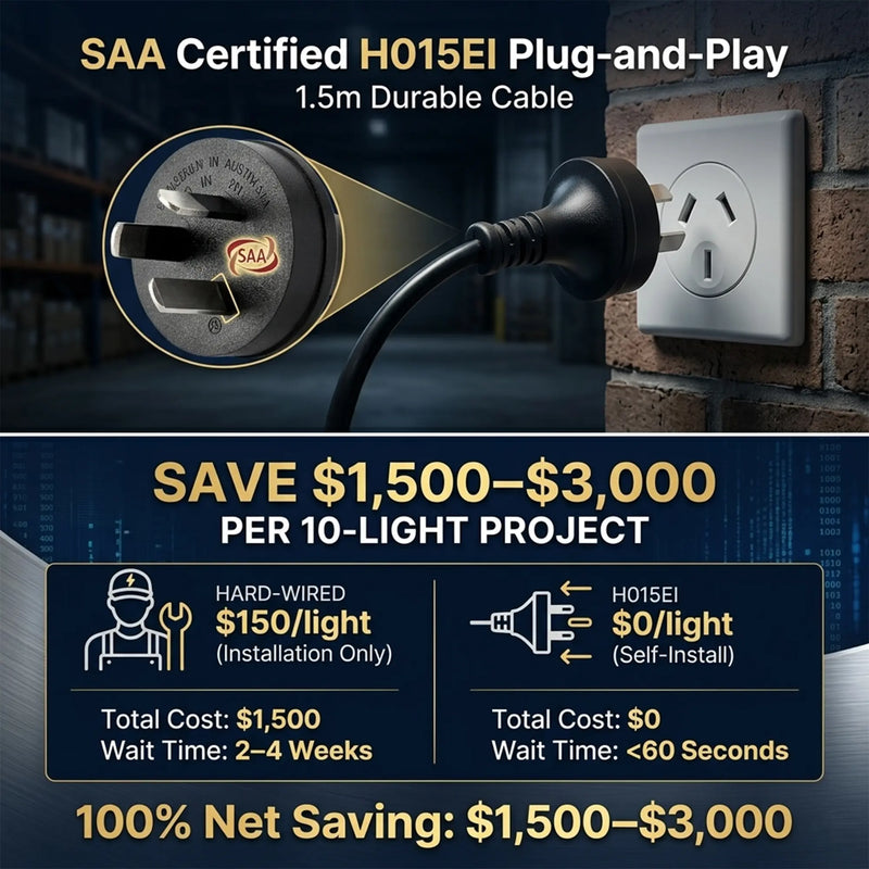 SAA certified H015EI plug-and-play 1.5m durable cable saving $1500 to $3000 per 10-light project versus hard-wired electrician installation cost comparison
