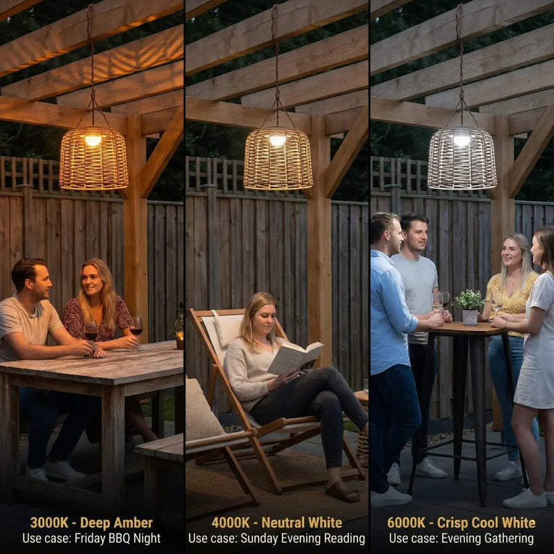 Three-panel comparison showing the same woven rattan pendant light in 3000K Deep Amber for BBQ nights, 4000K Neutral White for reading, and 6000K Crisp Cool White for evening gatherings, demonstrating versatile lighting moods.