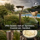 Solar path light being sprayed with water from a garden hose, demonstrating IP65 waterproof rating, with text “IP65 Sealed. Salt air. Sprinklers. Coastal rain. Handled.” and close-ups of sealed joints and durable lens — proving resilience against Australian coastal and suburban weather conditions.