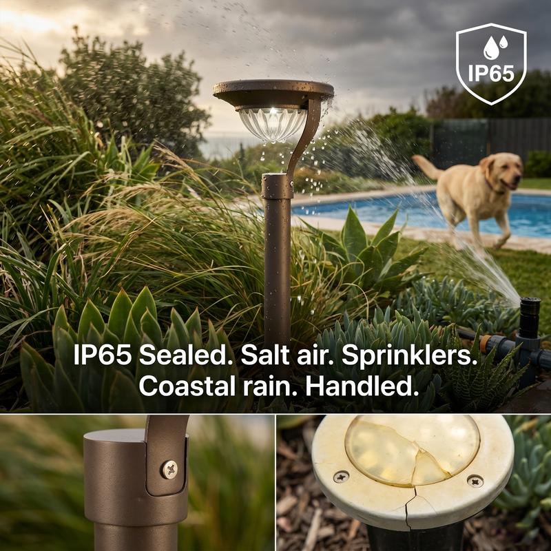 Solar path light being sprayed with water from a garden hose, demonstrating IP65 waterproof rating, with text “IP65 Sealed. Salt air. Sprinklers. Coastal rain. Handled.” and close-ups of sealed joints and durable lens — proving resilience against Australian coastal and suburban weather conditions.