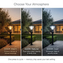 Three side-by-side outdoor scene panels show a black pole garden light at dusk, with warm, natural, and cool color temperature labels underneath. Text at the top reads 'Choose Your Atmosphere' and at the bottom says 'One press to cycle — memory chip saves your last setting.