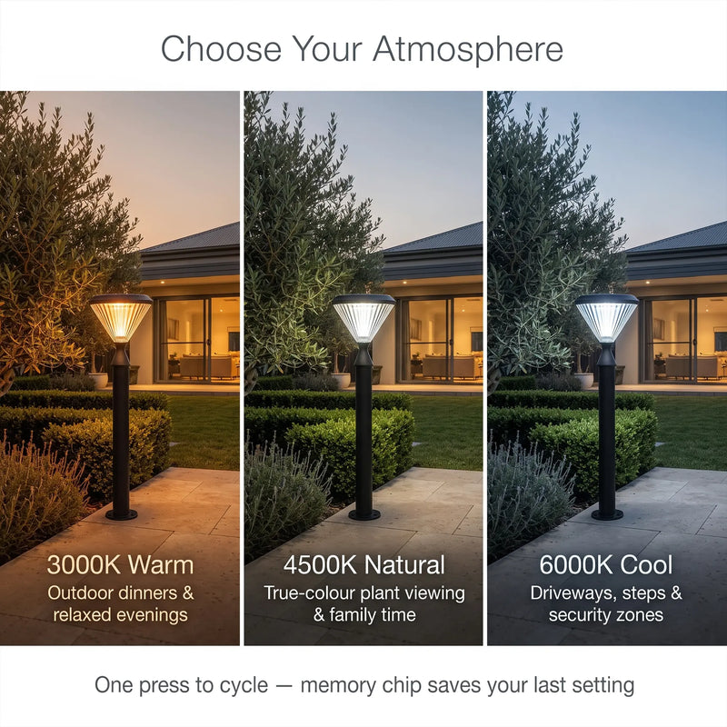 Three side-by-side outdoor scene panels show a black pole garden light at dusk, with warm, natural, and cool color temperature labels underneath. Text at the top reads 'Choose Your Atmosphere' and at the bottom says 'One press to cycle — memory chip saves your last setting.
