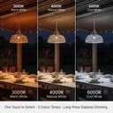 Close-up of Haiku PT0901 lantern with callouts: dual charging (USB-C & solar), mode switch, included solar panel, and 8-10H battery life — couple enjoying wine at table below.