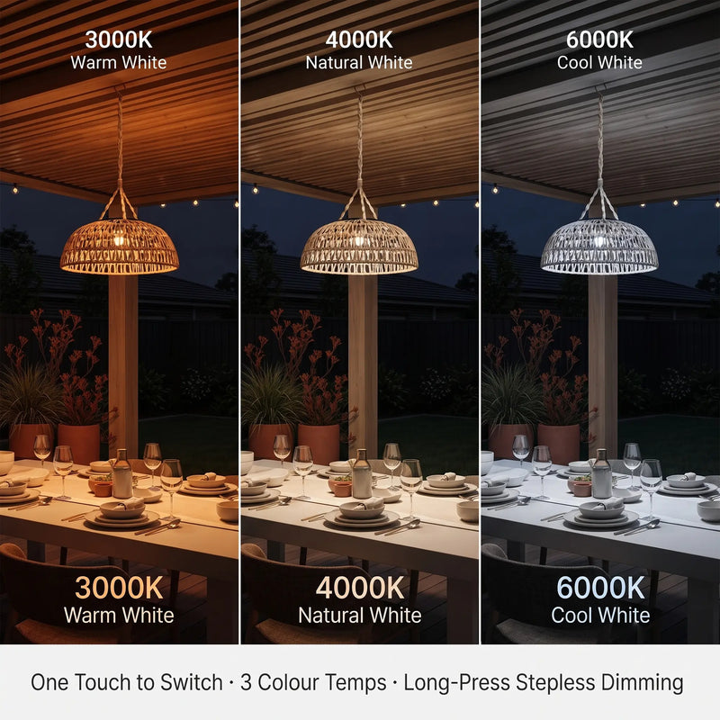 Close-up of Haiku PT0901 lantern with callouts: dual charging (USB-C & solar), mode switch, included solar panel, and 8-10H battery life — couple enjoying wine at table below.