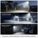 Three-panel promotional graphic showing a smart outdoor security light in use: illuminating a farm gate at night, lighting a commercial parking garage, and powering a living room emergency backup scene. Text labels describe each application, with a bottom banner reading 'One product · Endless applications · Built for Australian conditions'.
