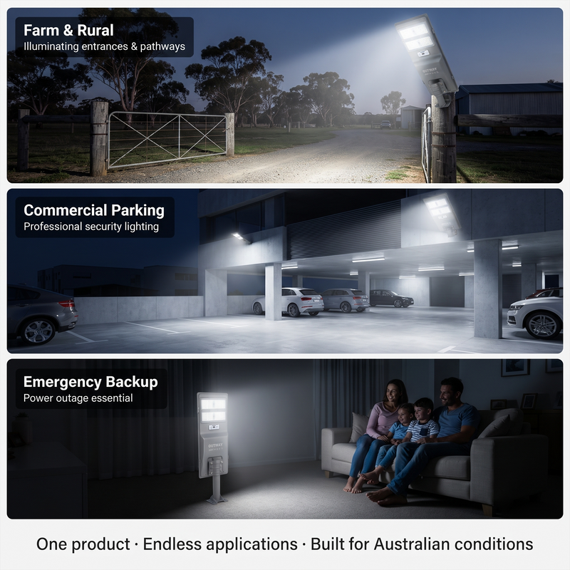 Three-panel promotional graphic showing a smart outdoor security light in use: illuminating a farm gate at night, lighting a commercial parking garage, and powering a living room emergency backup scene. Text labels describe each application, with a bottom banner reading 'One product · Endless applications · Built for Australian conditions'.