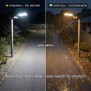 Split-screen comparison of a solar pathway light in dry and rainy weather. The left side shows the light in dry weather emitting a cool white glow on a wet paved path.