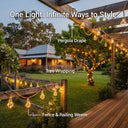 One light styled three ways: draped over pergola, wrapped around tree trunk, woven along fence — showcasing versatile outdoor decor options.