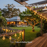 One light styled three ways: draped over pergola, wrapped around tree trunk, woven along fence — showcasing versatile outdoor decor options.