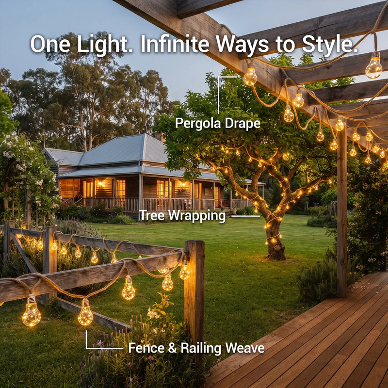 One light styled three ways: draped over pergola, wrapped around tree trunk, woven along fence — showcasing versatile outdoor decor options.