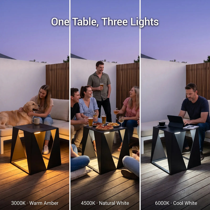 Three different lighting conditions on a small table with people and a dog in a backyard setting.