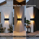 A triptych showcasing the PT0803 Grivo solar corner light in three different architectural styles: Provence/French Southern on the left, Australian alfresco in the center, and Japanese minimalist on the right, with the text 'One Light. Three Styles. Zero Compromise.' highlighting its universal design compatibility.