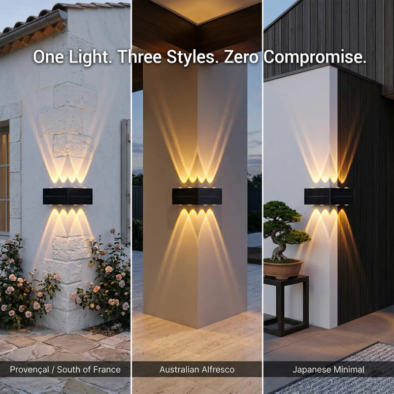 A triptych showcasing the PT0803 Grivo solar corner light in three different architectural styles: Provence/French Southern on the left, Australian alfresco in the center, and Japanese minimalist on the right, with the text 'One Light. Three Styles. Zero Compromise.' highlighting its universal design compatibility.