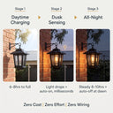 Three-stage infographic: Daytime Charging (6–8hrs), Dusk Sensing (auto-on, milliseconds), All-Night Glow (steady 8–10hrs → auto-off at dawn), emphasizing zero cost, zero effort, zero wiring operation with precision light sensor and solar panel.