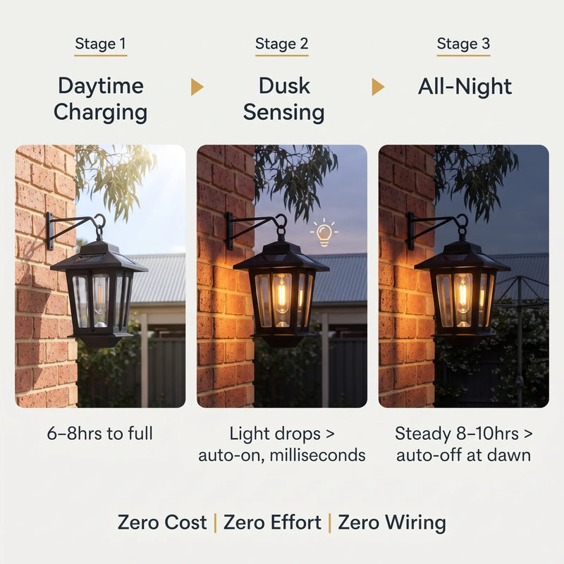 Three-stage infographic: Daytime Charging (6–8hrs), Dusk Sensing (auto-on, milliseconds), All-Night Glow (steady 8–10hrs → auto-off at dawn), emphasizing zero cost, zero effort, zero wiring operation with precision light sensor and solar panel.