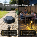 Split-view showing solar panel charging in sun (left) and family dining under warm glow at night (right), with text “Charges in 6 Hours. Glows for 12.” and specs “Polycrystalline solar panel / Fast charging in sunlight” and “12-hour all-night runtime / Stays bright until dawn” — proving reliability for extended evening use.