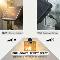 Dual-power infographic for PT0909: left shows solar charging (6-8hrs sun = full night), right shows USB-C backup (3-4hrs charge = full night); center displays glowing lantern — emphasizes reliability in all weather.