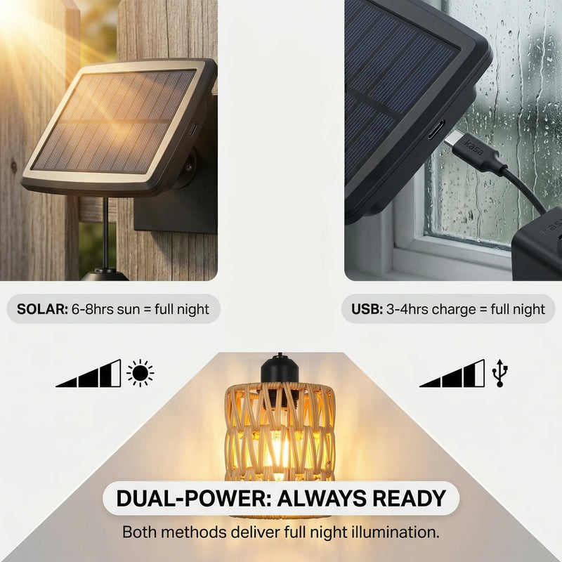 Dual-power infographic for PT0909: left shows solar charging (6-8hrs sun = full night), right shows USB-C backup (3-4hrs charge = full night); center displays glowing lantern — emphasizes reliability in all weather.