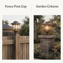 Split-view comparison: HeritagePost installed as Fence Post Cap (left) and Garden Column Light (right), demonstrating versatile mounting options for wooden fences and brick pillars — both delivering timeless Victorian glow without wiring.