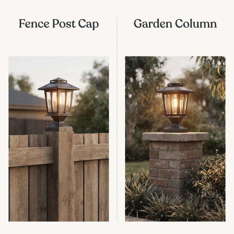Split-view comparison: HeritagePost installed as Fence Post Cap (left) and Garden Column Light (right), demonstrating versatile mounting options for wooden fences and brick pillars — both delivering timeless Victorian glow without wiring.