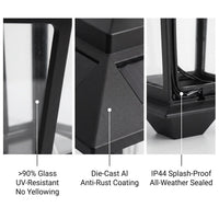 Close-up of HeritageHook lantern components: left shows >90% UV-resistant glass (no yellowing); center displays die-cast aluminium anti-rust coating; right reveals IP44 splash-proof sealed battery compartment — emphasizing durability for Australian weather.