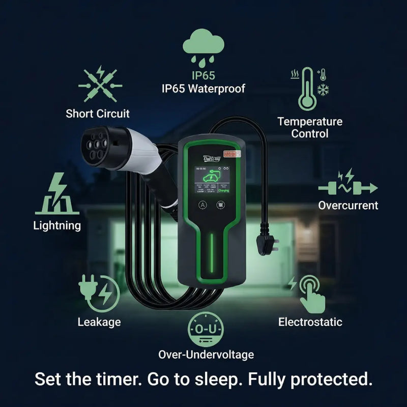 Electric vehicle charging cable with safety features highlighted on a dark background