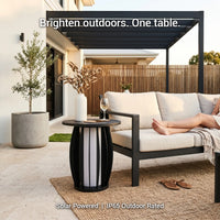 Outdoor patio setting with a solar-powered table and furniture.