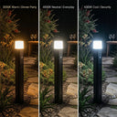 PT0730 Virgo solar bollard light 3 colour temperature comparison side by side 3000K warm white dinner party 4000K neutral everyday 6000K cool white security in Australian garden