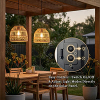 PT0914 solar rattan pendant over wooden pergola dining table at dusk, with separate solar panel mounted on beam — warm 3000K glow enhances coastal garden ambiance.