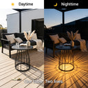 Outdoor furniture set with a table on a deck, shown during daytime and nighttime.