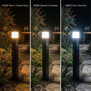 Three side-by-side outdoor night scenes showing a black bollard light in a garden setting, each labeled with a color temperature setting: 3000K Warm | Dinner Party, 4000K Neutral | Everyday, and 6000K Cool | Security.