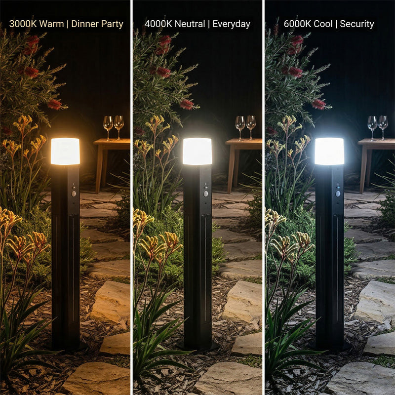 Three side-by-side outdoor night scenes showing a black bollard light in a garden setting, each labeled with a color temperature setting: 3000K Warm | Dinner Party, 4000K Neutral | Everyday, and 6000K Cool | Security.