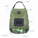 Labeled diagram highlights handle, filling port, rigid pipe, pocket, hose holder, 1.2m hose, and shower head on olive-green bag.