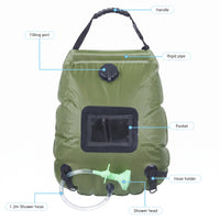 Labeled diagram highlights handle, filling port, rigid pipe, pocket, hose holder, 1.2m hose, and shower head on olive-green bag.