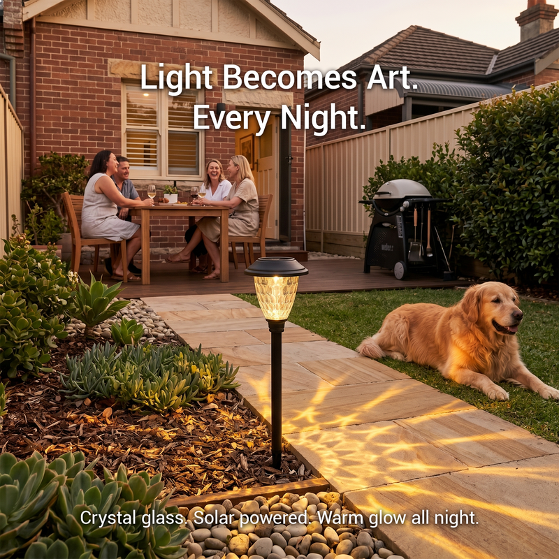Solar light projecting artistic shadow patterns on stone patio beside golden retriever and outdoor dining table, with text “Light Becomes Art. Every Night.” and “Crystal glass. Solar powered. Warm glow all night.” — showcasing decorative appeal for entertaining and pet-friendly yards.