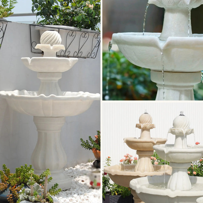 Side by side comparison of OUTWAY two-tier solar garden fountain in Ivory White and Cream Yellow colours displayed in a courtyard garden with text overlay Two Colors Two Atmospheres